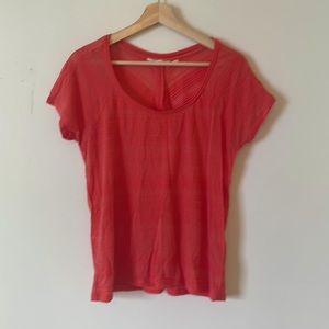 Athleta Illuminate Tee Coral Sunset Orange Stripe Sz Medium Semi Sheer